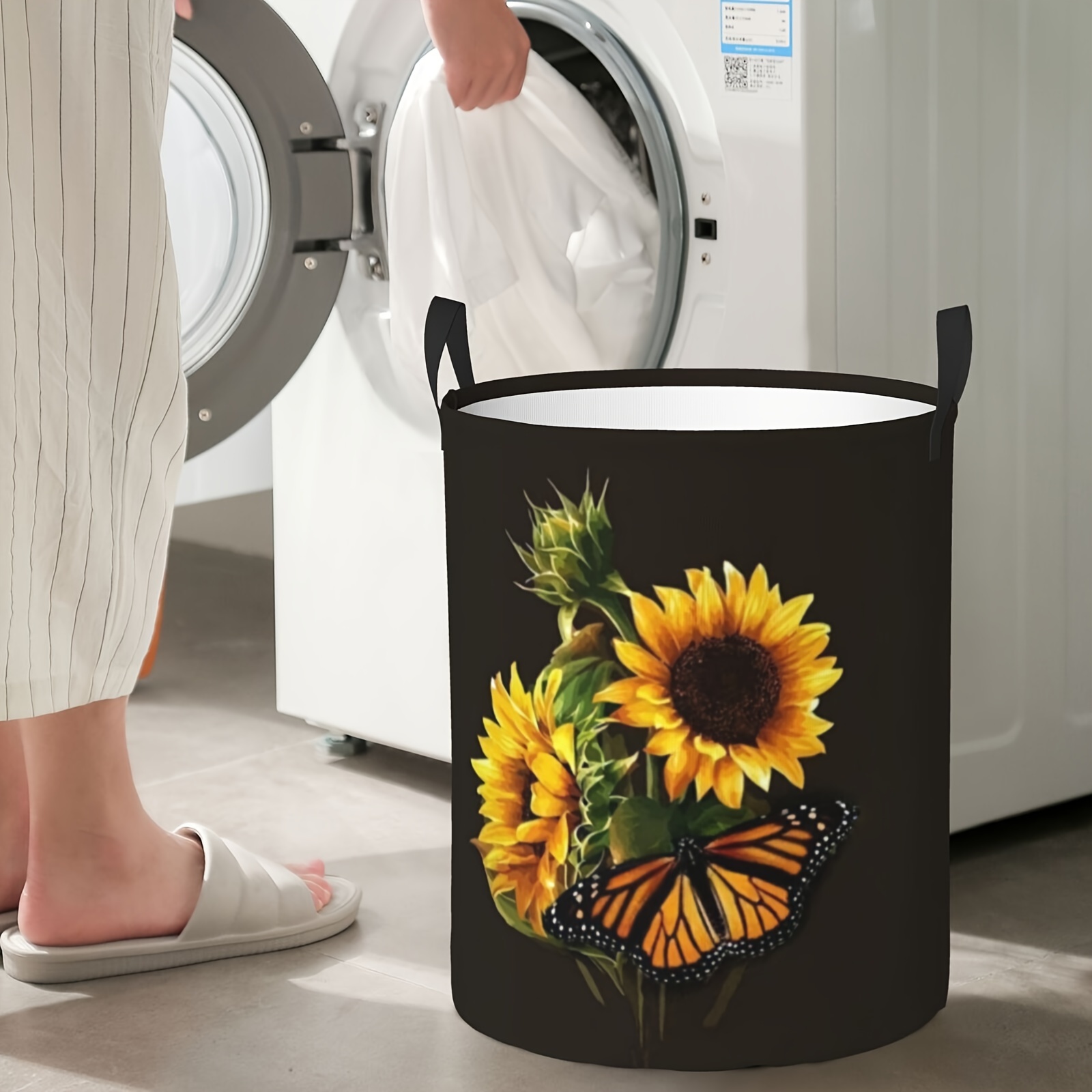 

Sunflower Print Large Laundry Hamper With Handles - Waterproof & Oxford Fabric, Foldable Dirty Clothes Storage Basket For