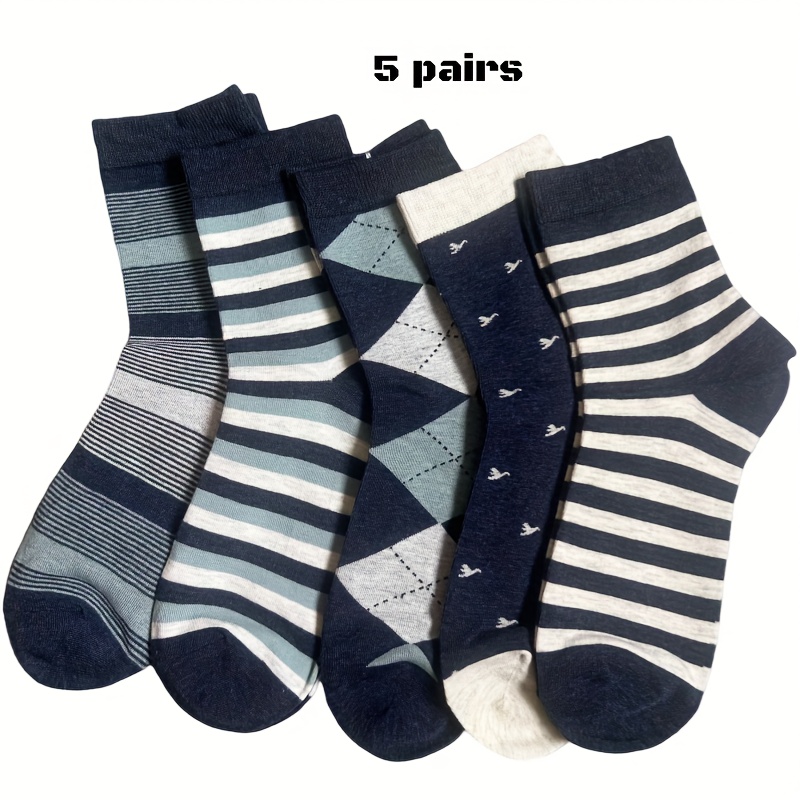 5 Pairs Men's Breathable Casual Boat Socks - Spring And Autumn Comfortable Soft Geometric Pattern Short Socks, Machine Washable, Striped Knit Fabric