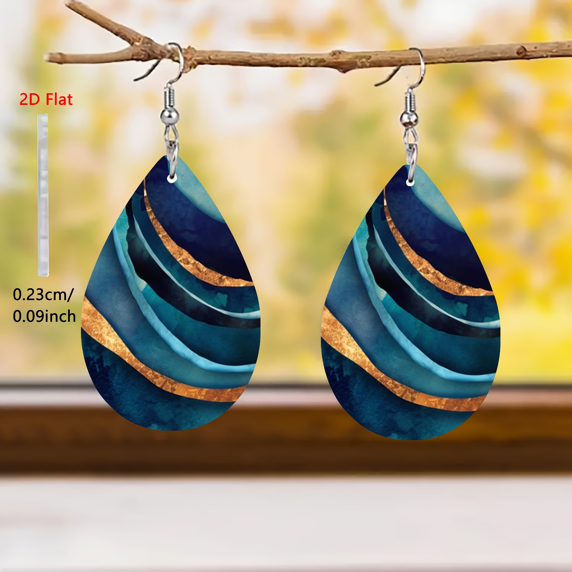 Image of 2d Flat, 2d Pair Blue Pattern Glass Acrylic Earrings With Hypoallergenic Steel Hooks, Elegant And Fashionable Style For Men And Women' Wear Jewelry Ear Accessories, 2d Flat