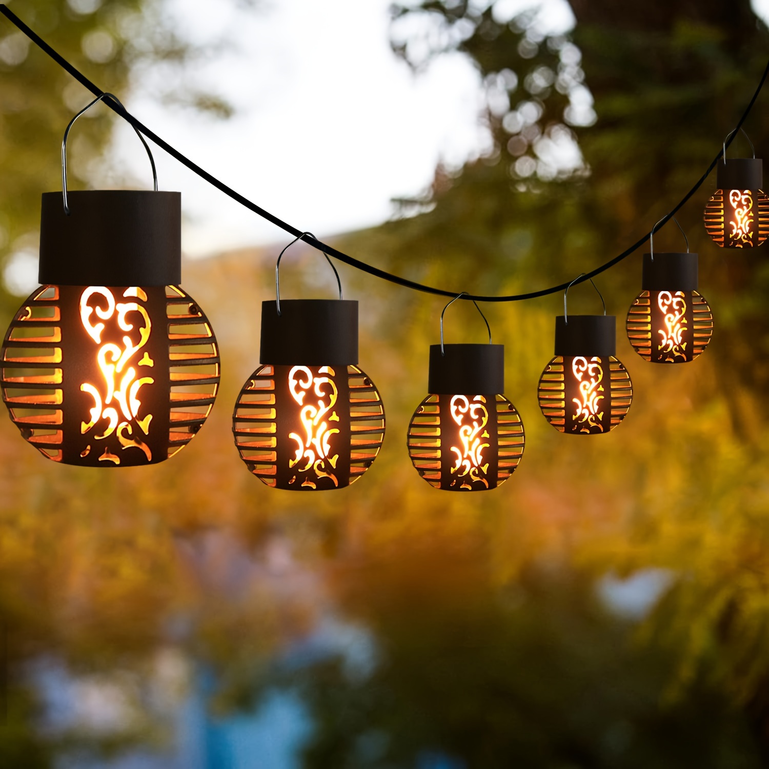 

no-wire" 6-led Solar Flame Lanterns - Waterproof Outdoor Hanging Lights With Flickering Fire Effect, Perfect For Garden, Lawn, Patio & Pathway Decor