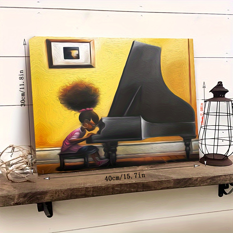 1pc Wooden Framed Canvas Painting African American Piano Practice Makes Perfect Abstract Art