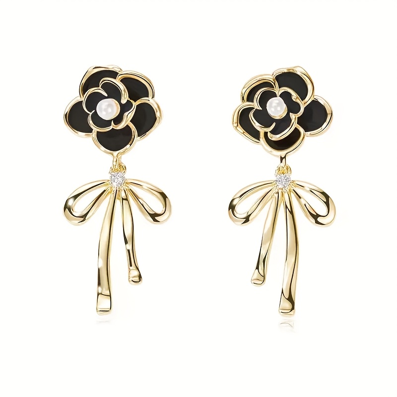 TEMU 1 Pair Elegant Floral Earring - Minimalist , Stainless Steel Ear Studs, Black And White Floral Jewelry For Women, Wedding, Party, Everyday -