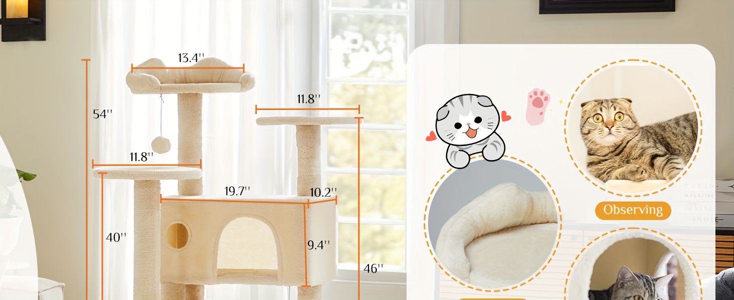 54In Multi-Level Cat Tree Tower with Sisal Cat Scratching Posts, Anti-Tilt Device, 2 Large Condo Beds, Perches, Luxurious Plush Pet House for Indoor Cats & Kittens, Nice Cat Entertainment Toy to Play, Relax with Anti-Tilt Device details 1