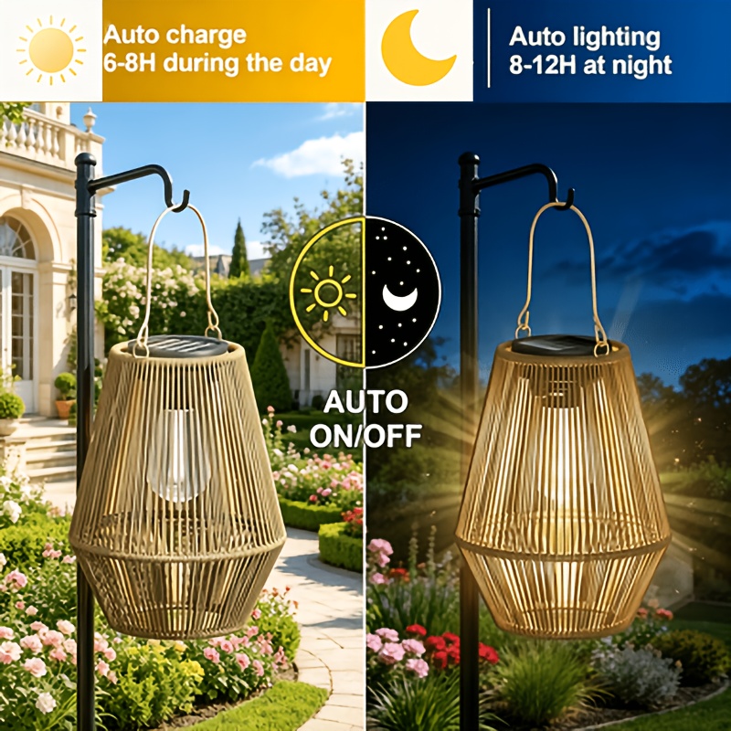 Set of 1/2/4 Bohemian Rattan Solar Lanterns, Weather-resistant Decorative Lights for Farmhouse Patios & Courtyards, IP65 Rated Outdoor Hanging Rattan Solar Lanterns with Auto On/Off Warm White Light, Ideal for Gardens, Porches, Trees and Windowsills