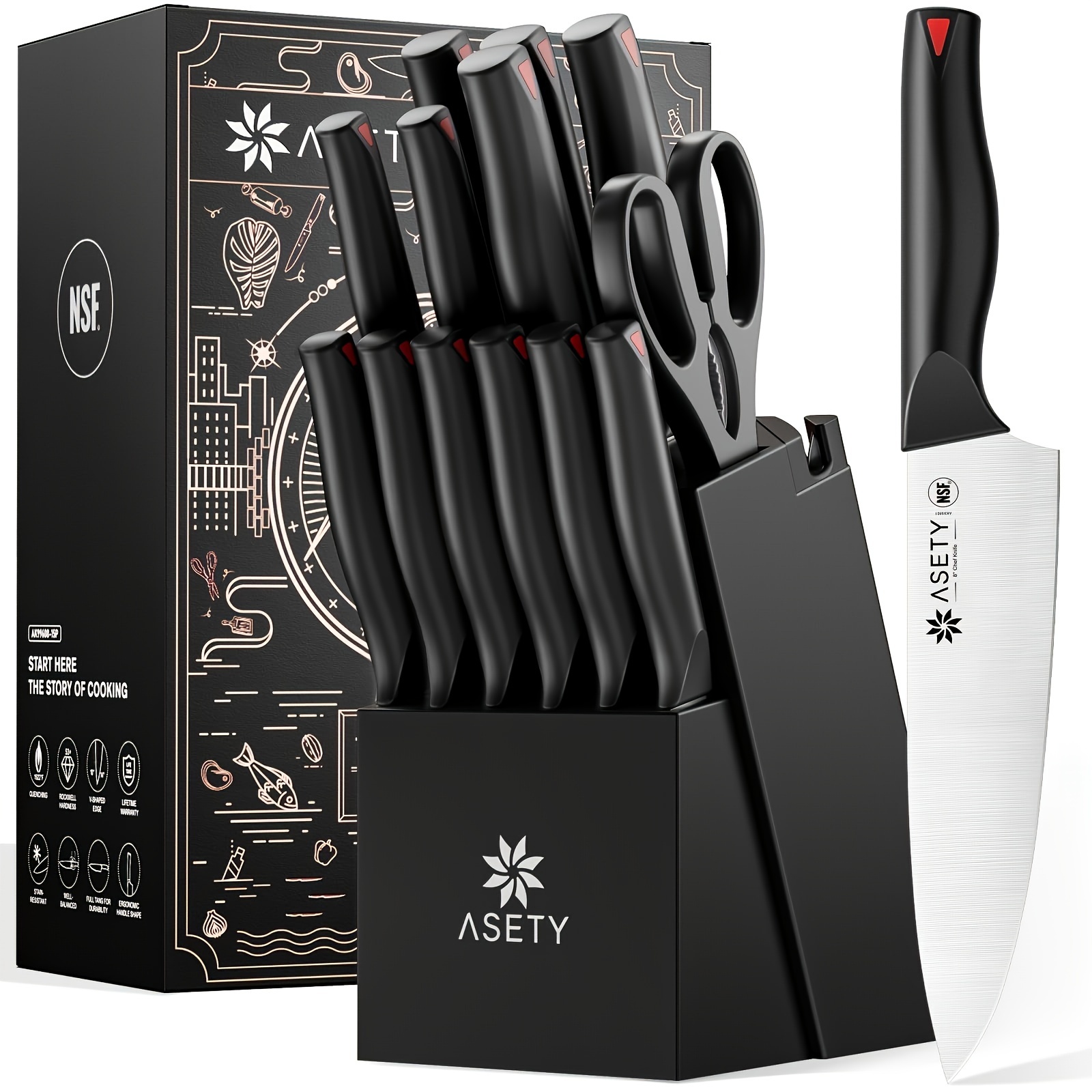 

Asety Knife Set, 15 Pcs Knife Set -in Sharpener , Steel Knife Set, Nsf Safe, Dishwasher Safe Knife For , , Box