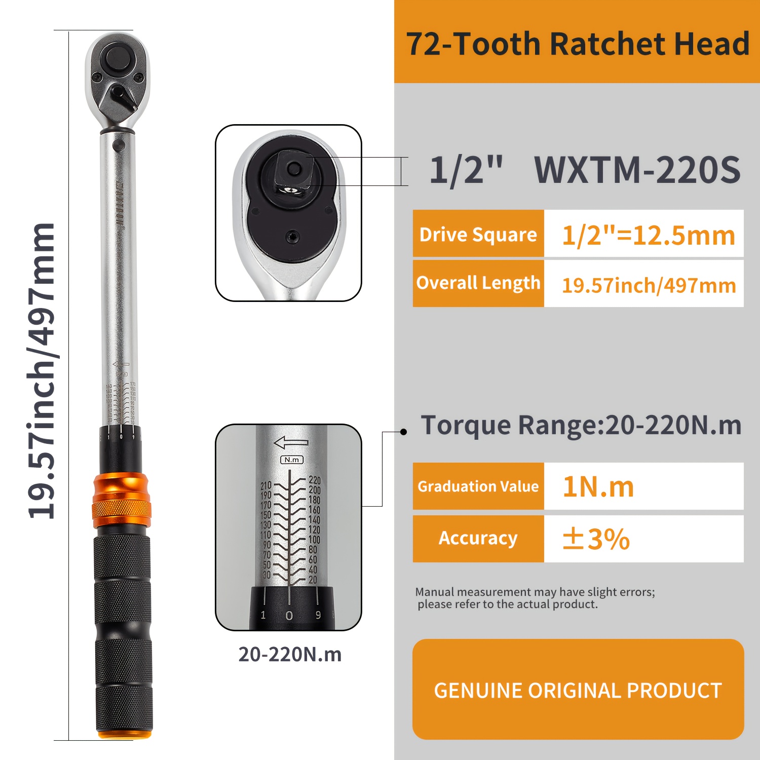 TEMU 1/2-inch Torque Wrench With Dual Scale 20-220 N M Bidirectional Adjustment Torque For Motorcycle And Automotive Maintenance