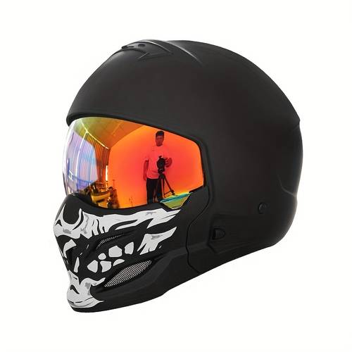 retro motorcycle helmet combination dual use retro helmet matte black skull print gold plated lens applicable helmet