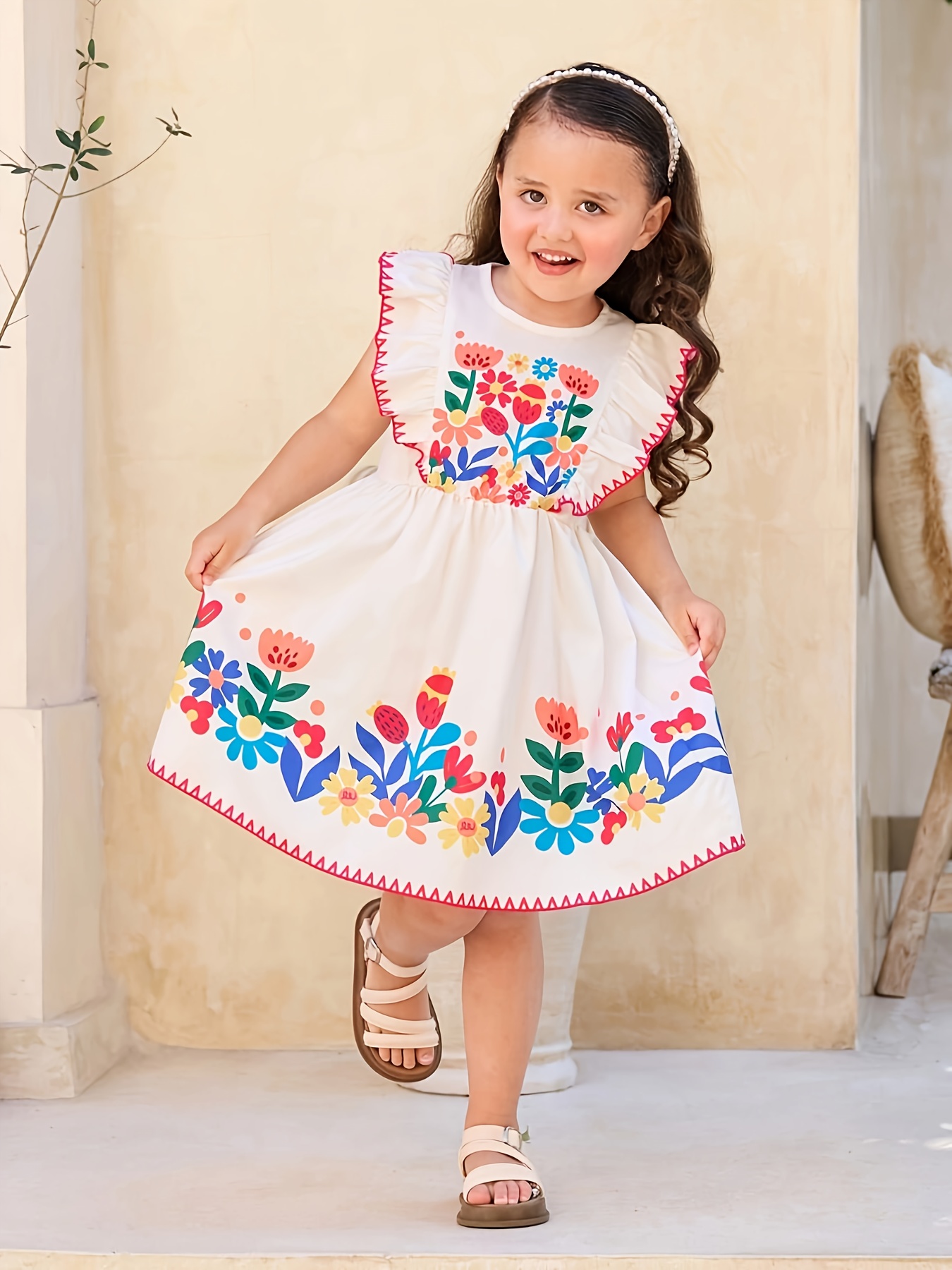 girls clothing colorful floral beach dress ruffle hem Temu Oman