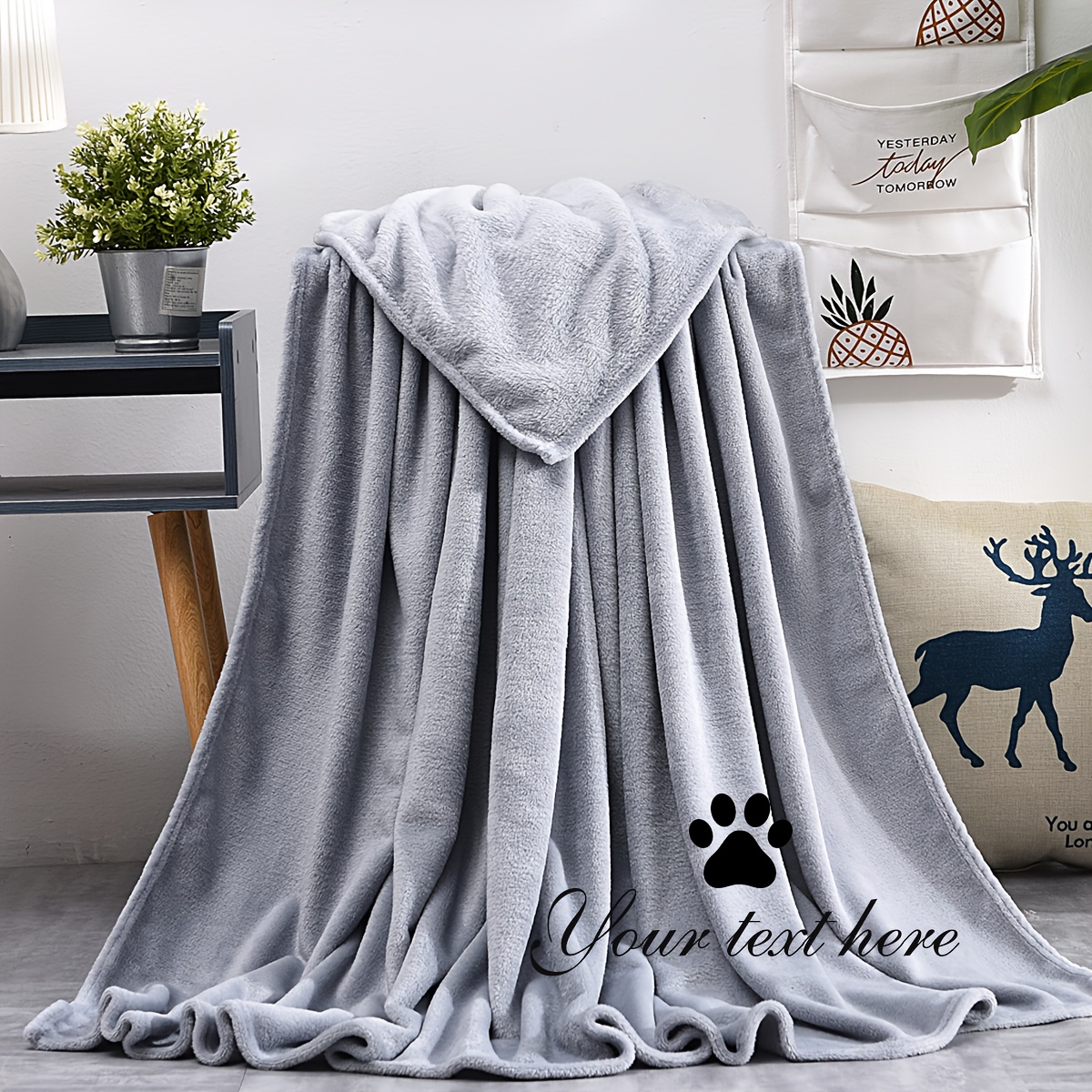 TEMU Personalized Pet Blanket With Name & Paw Print - Bedspread, Machine Washable Soft Furry-like Texture, Paw Print & Name Embroidery For
