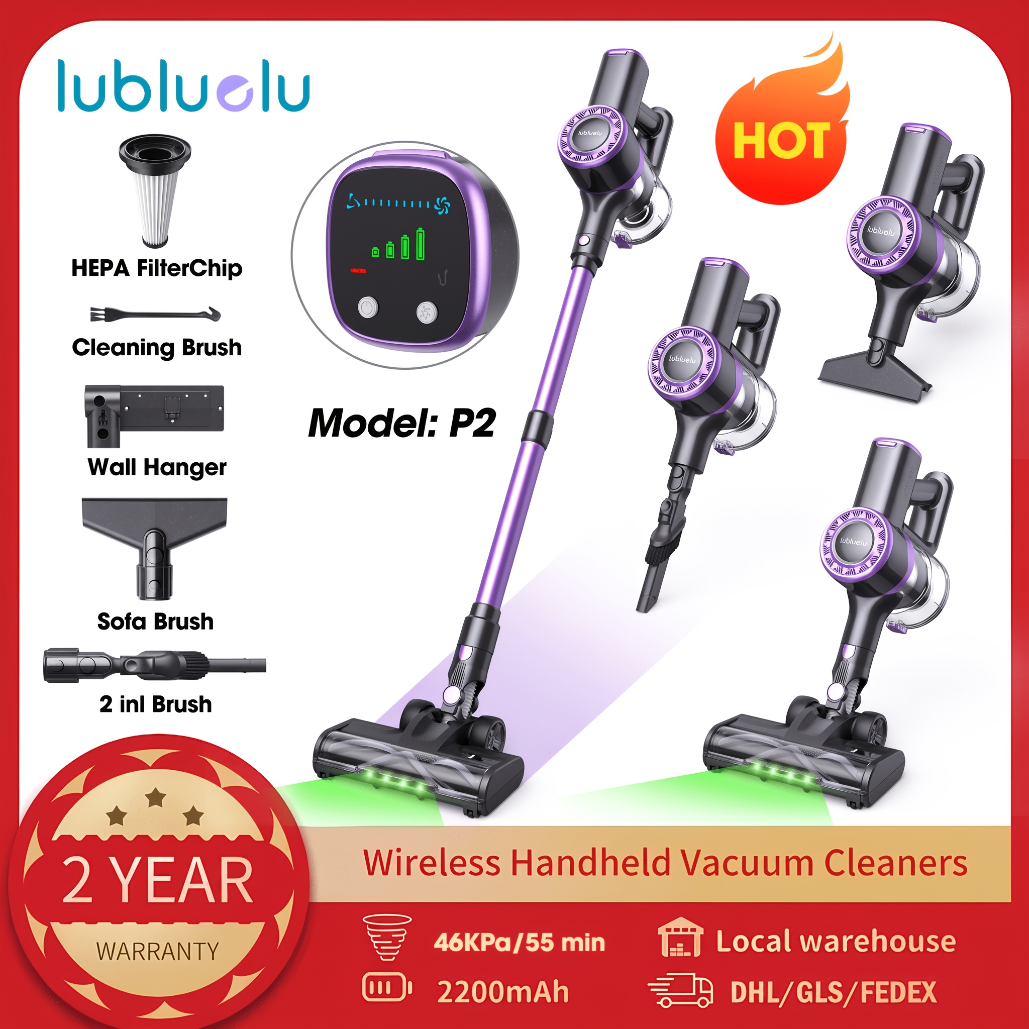 Image of 46kpa/55min Cordless Vacuum Cleaner, Lubluelu P2 Cordless Vacuum, Powerful Stick Vacuum With Led Display/anti- Brush, Detachable Battery, Lightweight, Large Dust Cup Ideal For Pet Hair, Floor, Carpet
