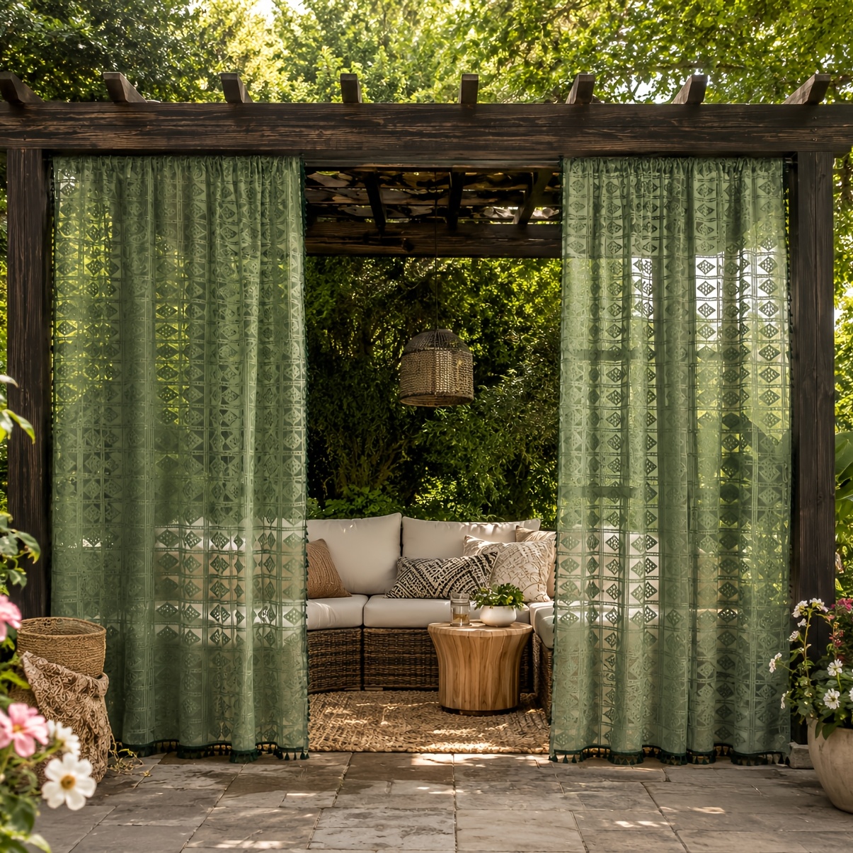 TEMU 2 Panels Bohemian Sheer Outdoor Curtains Suitable For Gazebo, Patio & Garden - Panels With Geometric Jacquard, Bottom Tassels, Rod Pocket Pocket