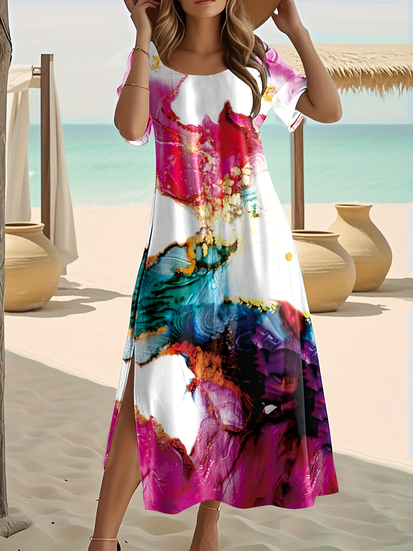 womens elegant marble print a line dress summer short sleeve - Temu South  Africa