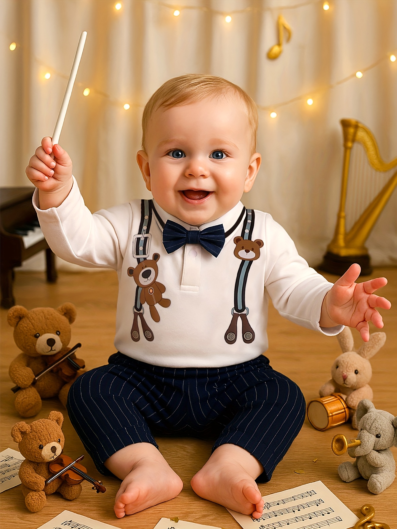 HIBOBI Baby Jongen 2-delige Beer Gentleman Romper Set - Schattige Beer Bretels & Gestreepte Broek Outfit met Strikje, Lange Mouwen Jumpsuit voor Pasgeboren