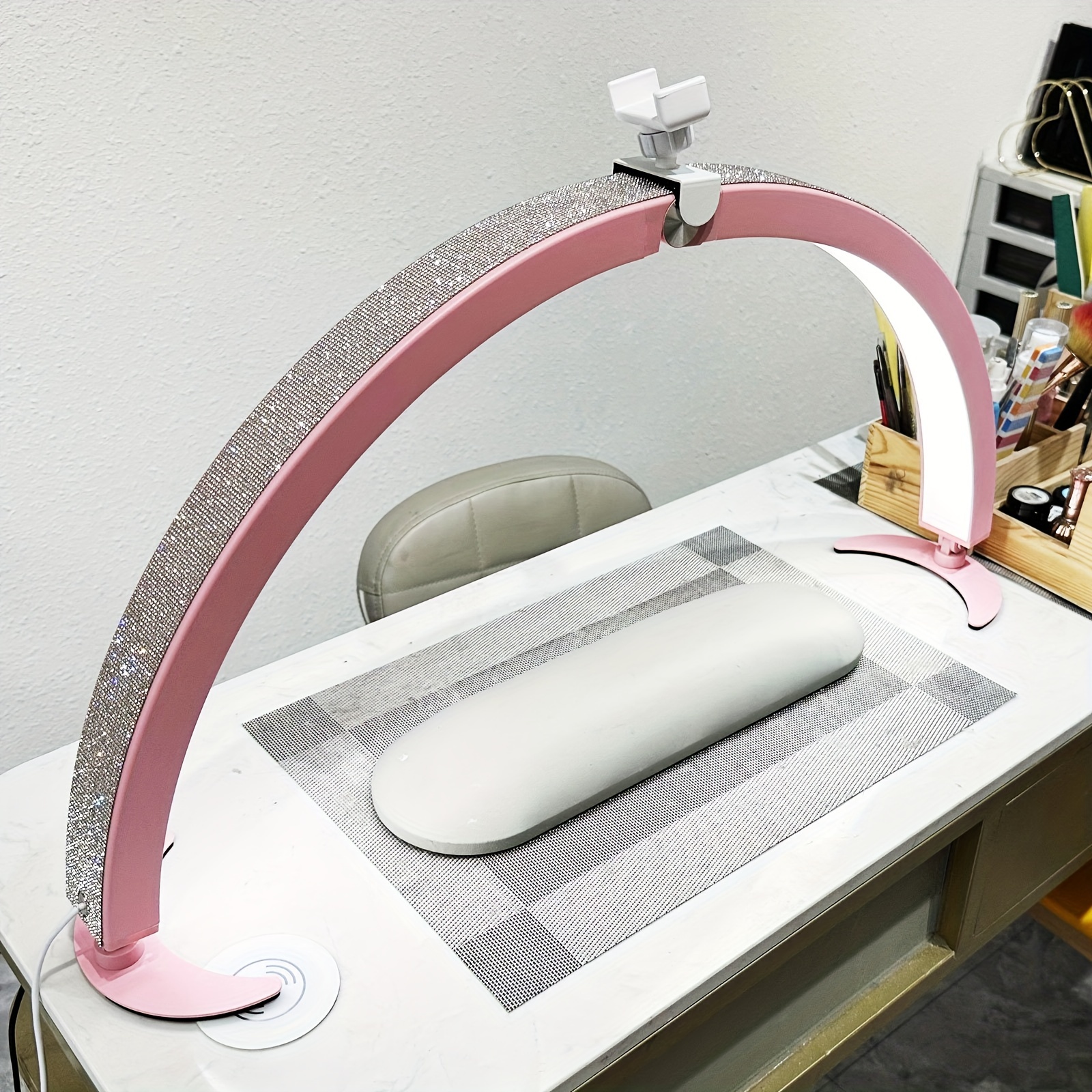 TEMU Table Lamp With Mobile Phone Stand, Aluminum Alloy Foldable Half- Lamp, 7 Light Colors, 10 Brightness, Suitable For Nail Tattoo Skin Care