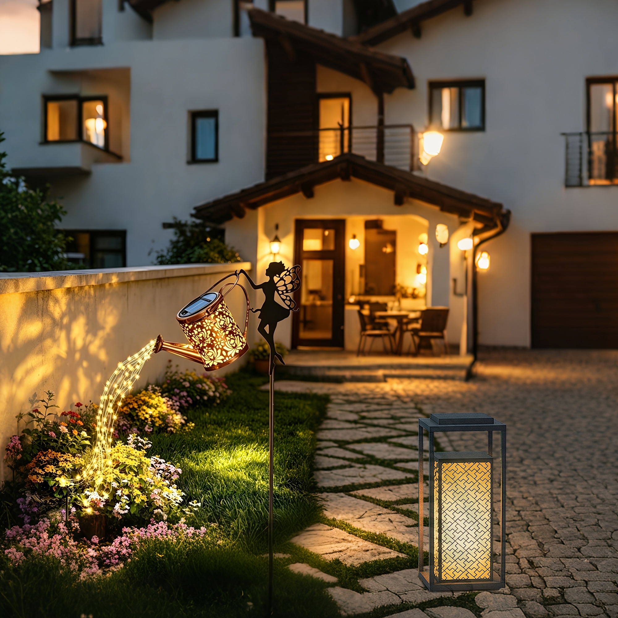 TEMU Arrosoir Décoratif Rétro en Métal avec Lanterne Solaire et Guirlande Lumineuse pour Fixation Murale Extérieure, Idéal pour Allées de Jardin,