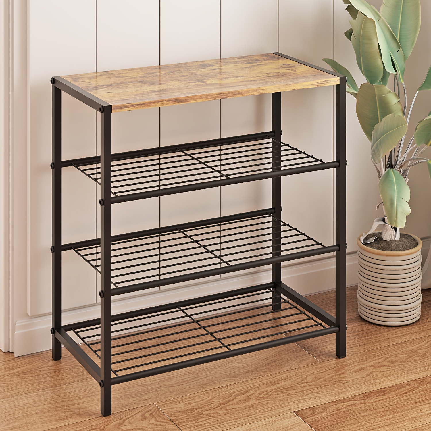 1pc Practical Shelving Unit, Metal Shoe Rack, Kitchen Storage Rack, Snack And Toy Storage Rack, Multifunctional Storage Rack, Black And White, Utility Racks