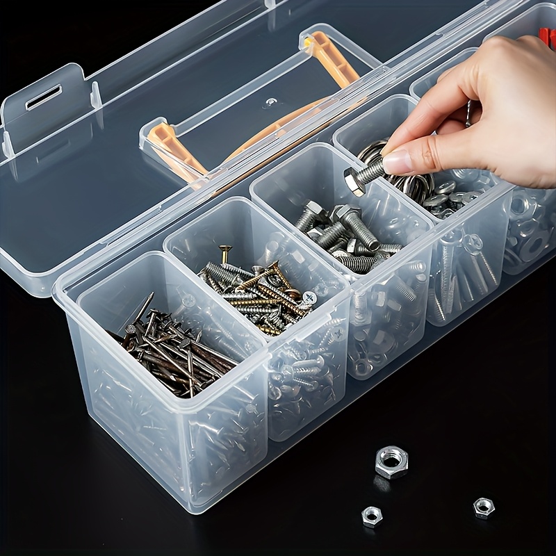 2 cajas de herramientas transparentes con tapa, incluyen 6 compartimentos pequeños, ideales para almacenar accesorios como tornillos, cintas métricas y destornilladores. Perfectas para reparaciones en el hogar, proyectos DIY y talleres. Organizadores de mesa y cajones para almacenamiento doméstico