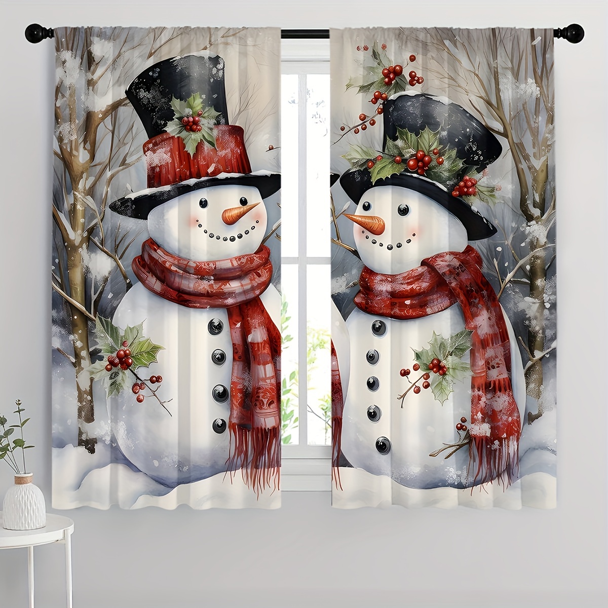 TEMU Set Of Gentleman Snowman Curtains For Christmas, Featuring A Rod Pocket Top For Easy Hanging, Made Of Quality Polyester Fabric Easy To Care For,