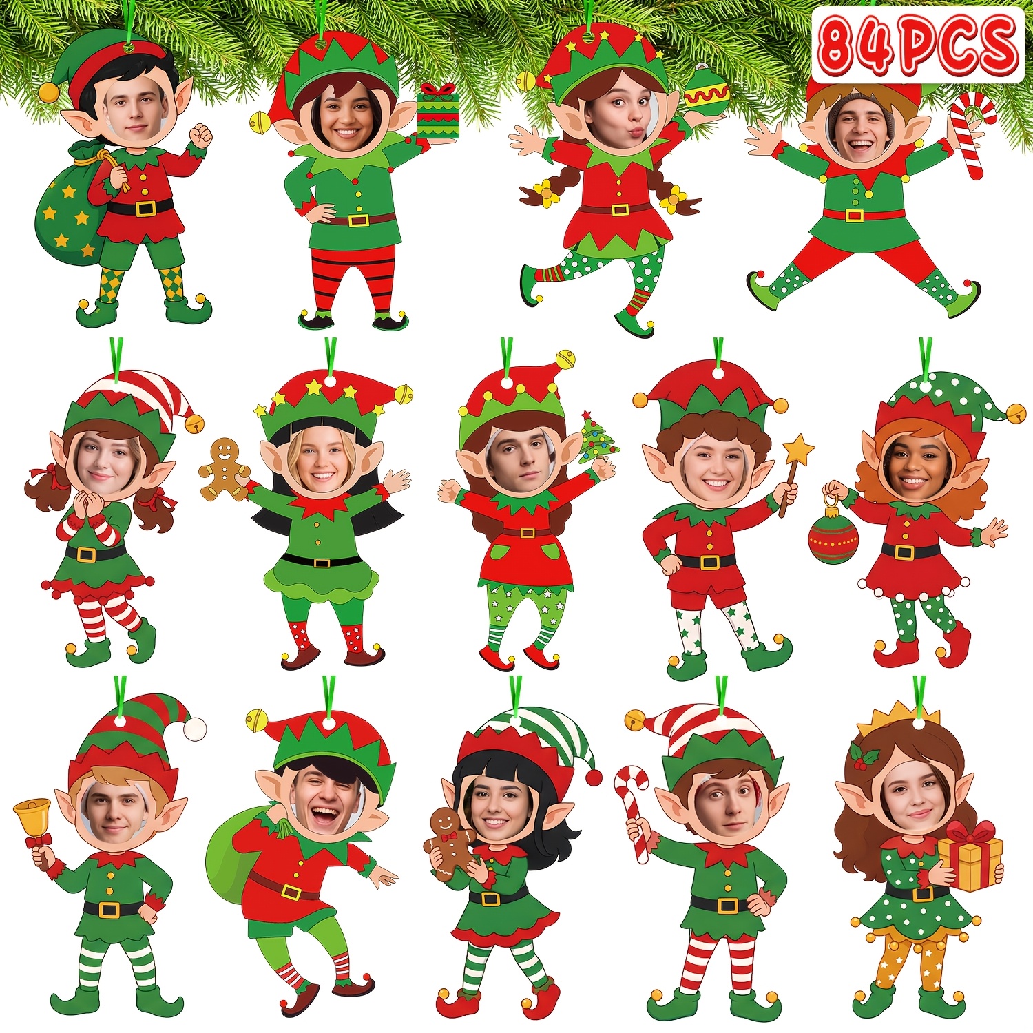 TEMU 84pcs Christmas Elf Paper Photo Frame Ornaments - Face Cutout Hanging Decorations For Xmas Tree, Stocking, Wall & Holiday Party Decor - Party