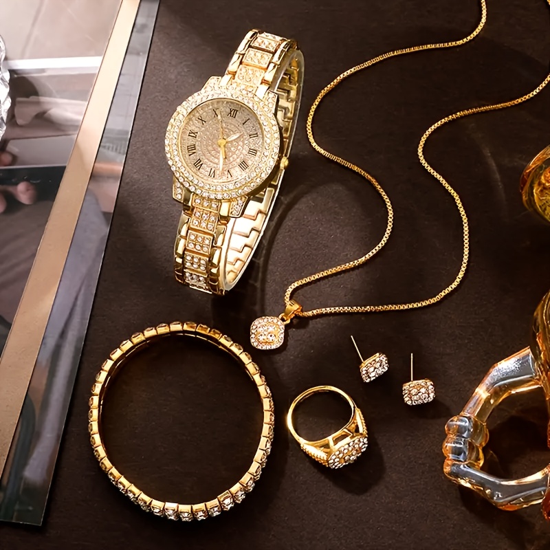 1pc Reloj de cuarzo de moda para mujeres y conjunto de joyería, resistente a los golpes, pantalla analógica redonda, pulsera y caja de aleación, no incluye batería de botón - Incluye conjunto de 6 accesorios