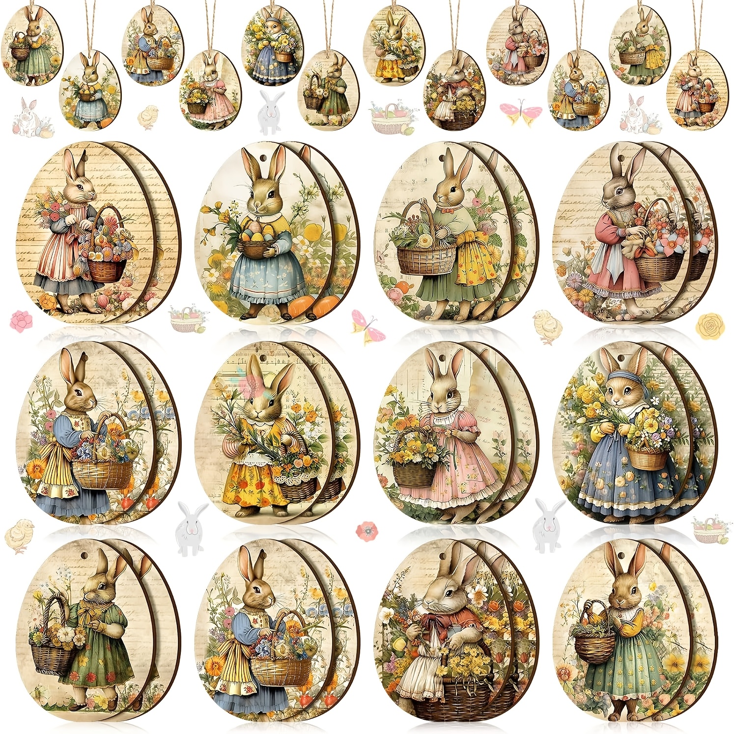 

24pcs Easter Wooden Ornaments, Retro Easter Decorations For Tree Bunny Ornaments, Egg Shape Wood Cutouts With Rope Signs Hanging Spring Decoration For Small Indoor