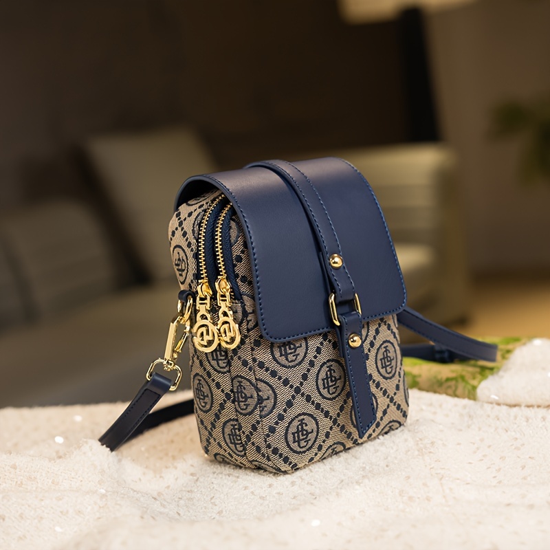 

Chic Blue Embroidered Floral Canvas Crossbody Phone Bag With Adjustable Strap And Magnetic Closure - Fade-resistant, For Women