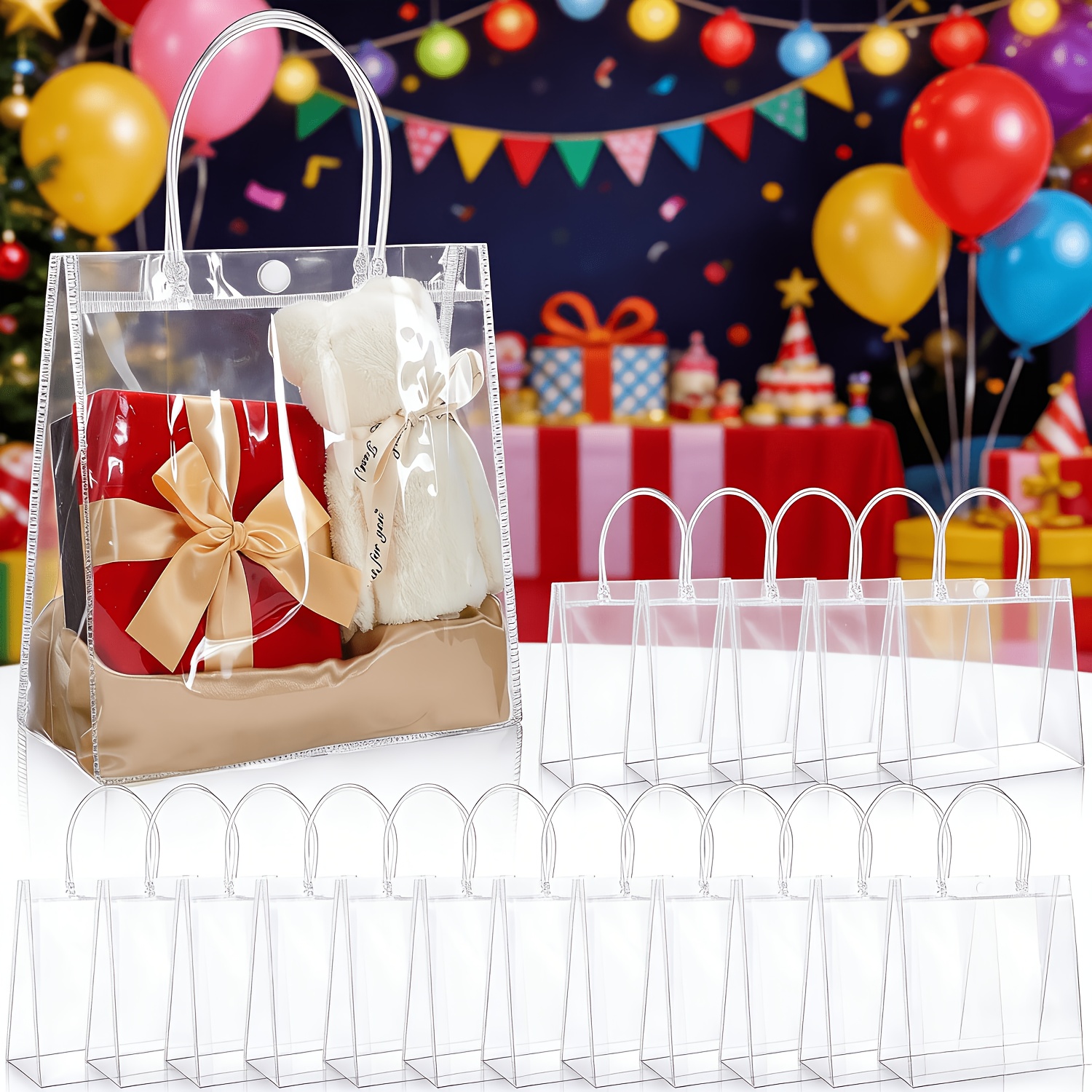 TEMU Gift For Her/him 60-pack Small Transparent Plastic Gift Bags With Handles, Reusable Pvc Shopping Tote For Wedding Favors (20x20x8cm), Party And