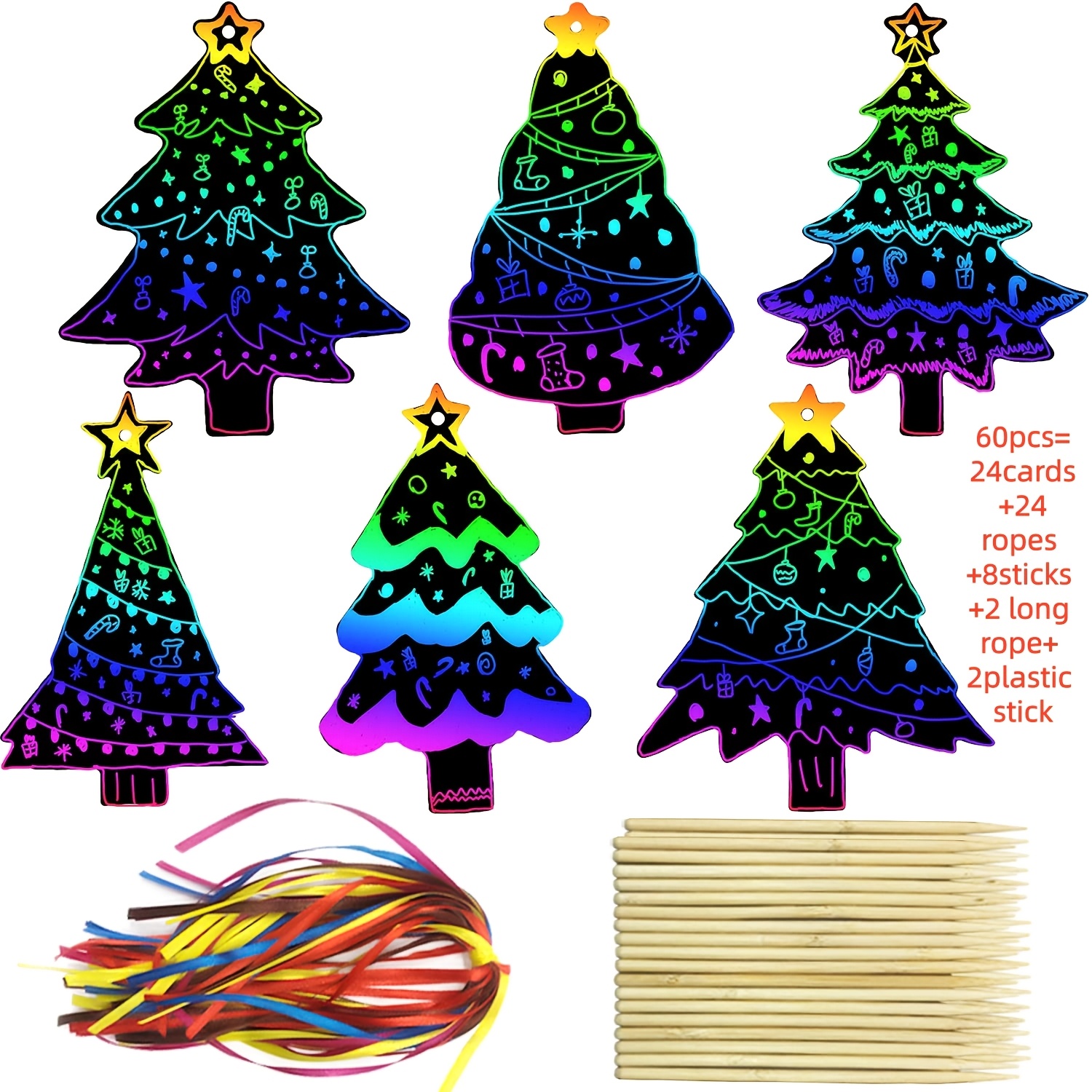 Image of 30/60pcs, Christmas Tree Scratch Art Hanging Ornaments Scratch Paper Hanging Xmas Tree Cutouts With Ribbons Hanging Craft Art For Classroom Home New Year Party Decor Supplies