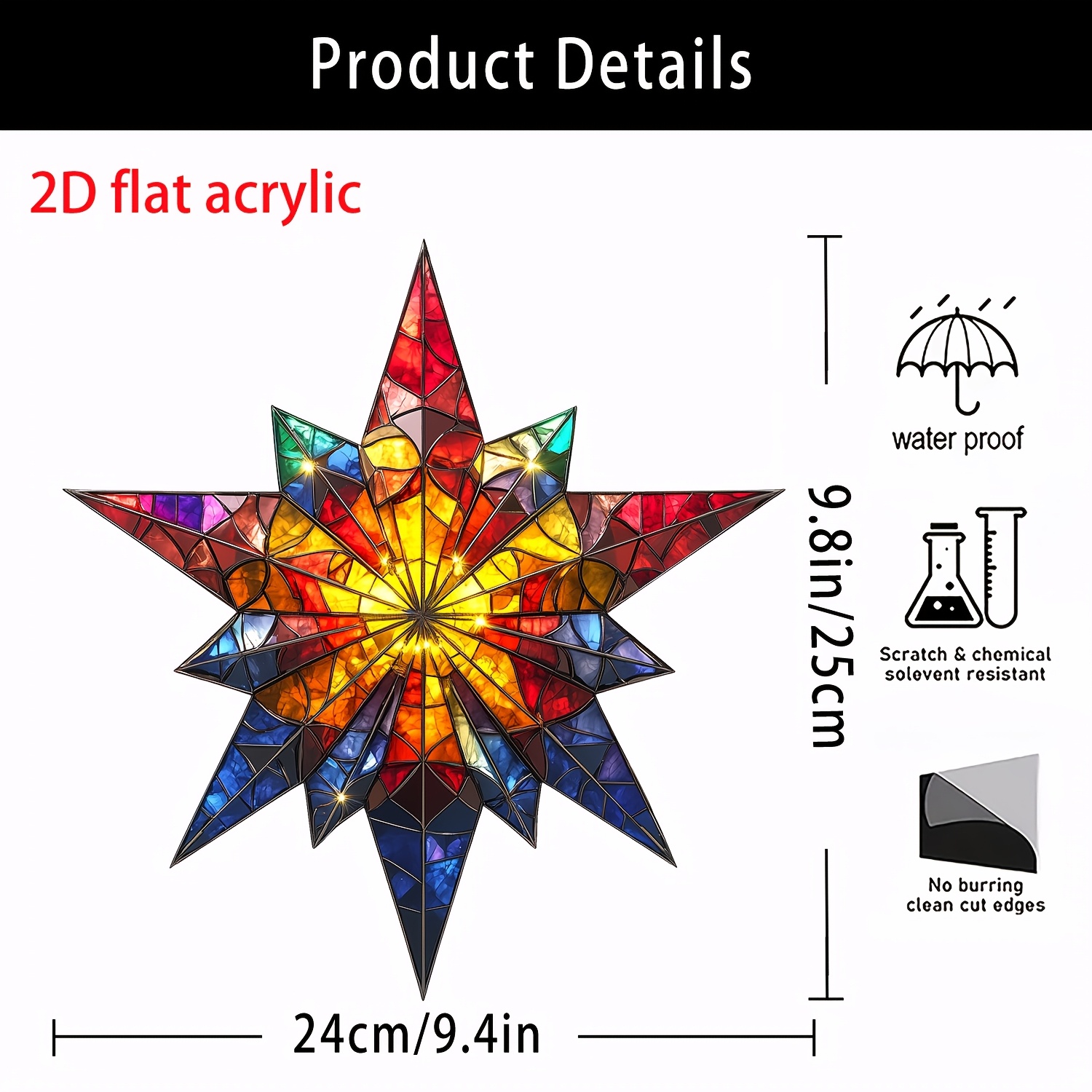 TEMU 2d Flat, 2d Flat Plane 2d Flat Plane Colorful Christmas Star Ornament 9.8 Inches * 9.4 Inches, With Chain, Bohemian Style Acrylic Window Hanging