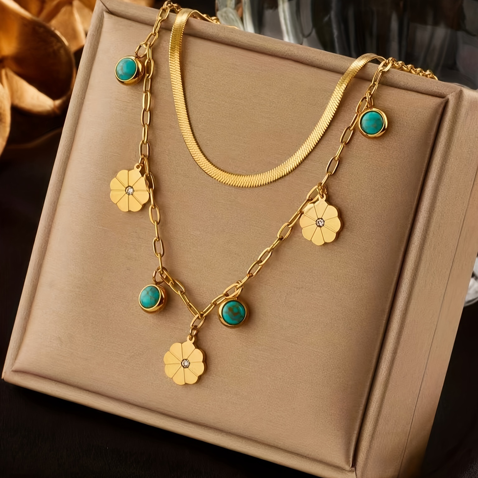 

1pcs, Golden Stainless Double-layer Chain, Flower Match Green Turquoise Design Necklace, Fashion Delicate Accessory For Daily Wear & Party, Idea Gift