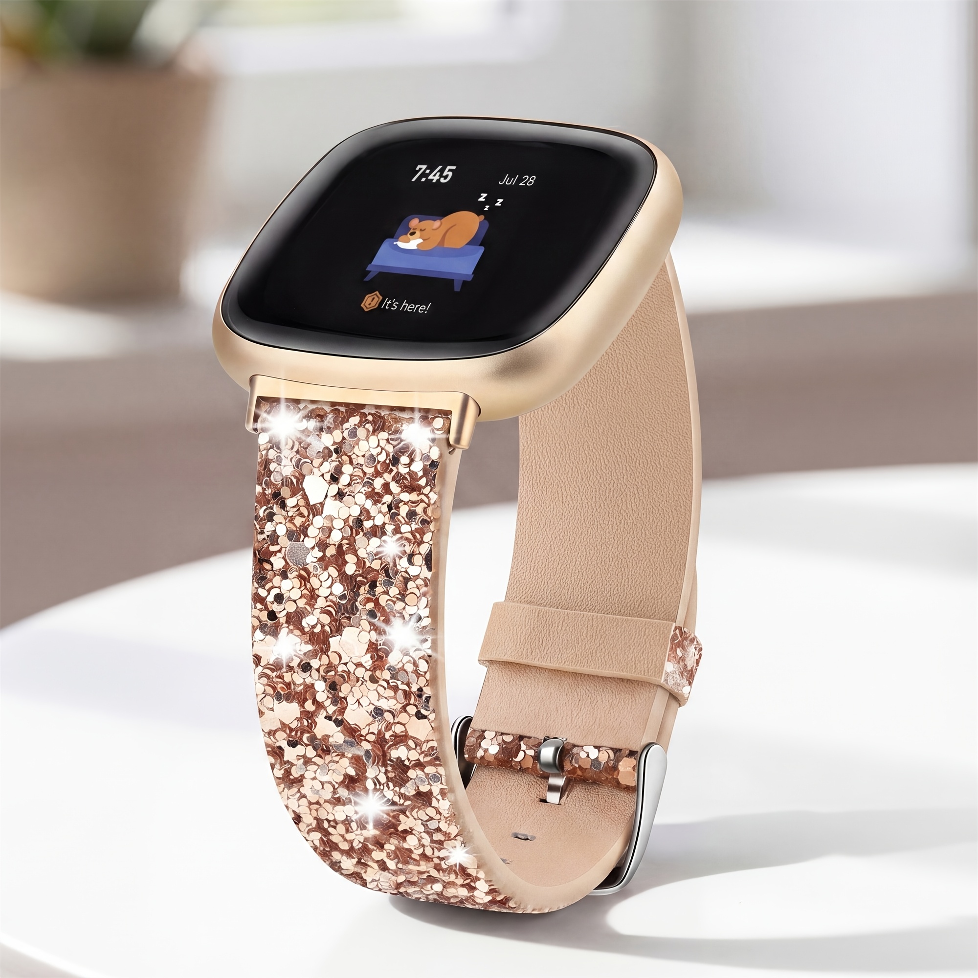 TEMU Bracelets Scintillants Compatibles avec Fitbit Versa 4/Versa 3/Sense 2/Sense, Bracelet à Paillettes et Strass pour Femme, en Cuir, Accessoire de