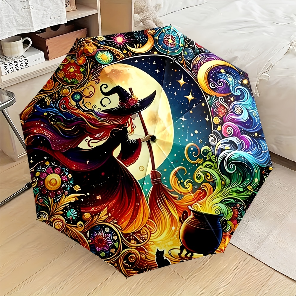TEMU 1pc Automatic Open Close Folding Umbrella, Witch And Moon Print With Witch Hat And Broomstick Pattern, 8 Sturdy Ribs Compact Portable Sun Rain