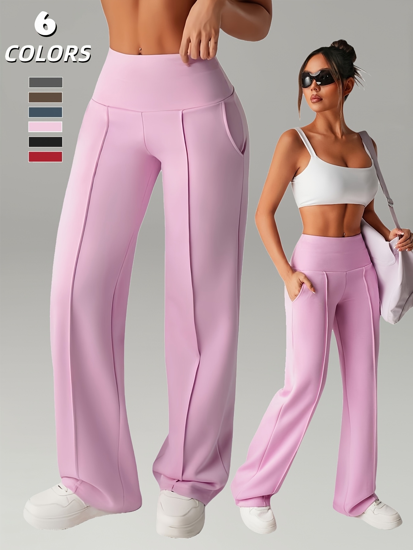 Women'S Leggings, 1pc Straight Wide-Leg Pants, Athletic Quick-Dry Yoga Pants with Pockets, Commuter-Friendly Yoga Trousers, Stretch Athletic Pants High-Waist Leggings, Slight Flared Skinny Pants