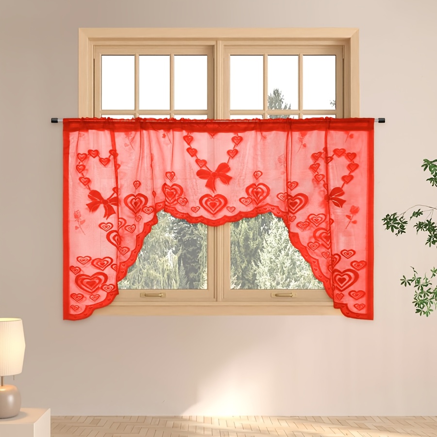 

Valentine's Day Romantic Lace Curtain With Rose Bow - Lightweight, Semi-sheer Rod Pocket Room, Bedroom, Kitchen Decor