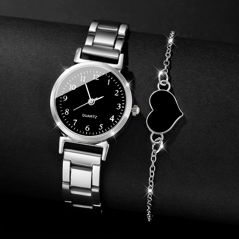 2pcs New Women's Elegant Round Quartz Watch + Simple Bracelet for Daily Wear, Parties and Valentine's Day, New Year, Christmas, Halloween, Ramadan Gifts for Family and Friends Eid Al-Adha