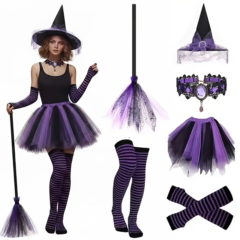 TEMU 6pcs Gothic Costume Set For Women, Including A Pointed Hat, Knee-high Striped Socks, Over-the-knee Striped Socks, Polka Dot Skirt, And Arm