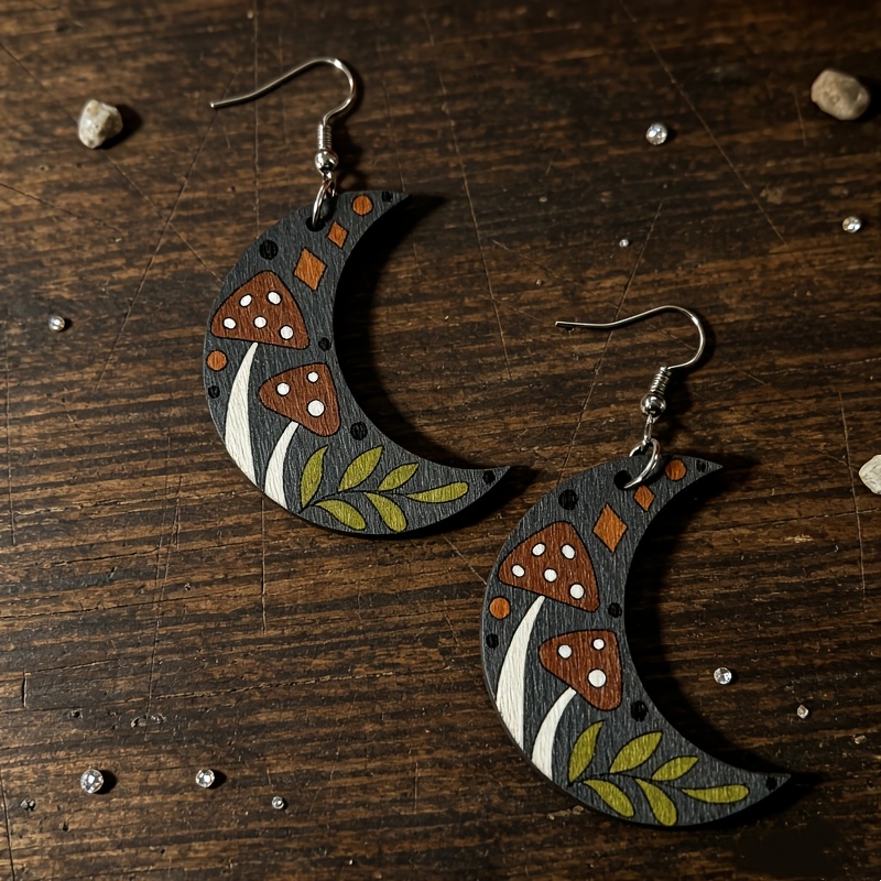 TEMU 1 Paire de Boucles d'Oreilles Pendantes en Bois Lune, Style Bohème Pastoral Sorcière Forêt Mystérieuse Bijoux de Mode Femme, pour Halloween
