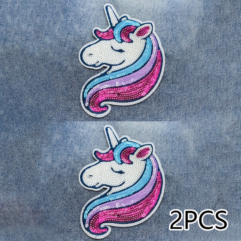 Image of 2 Large And Exquisite Rainbow Unicorn Patches With Sequins, Unique Clothing Additions For Men And Women, Suitable For Projects On Jeans, Bags, Shoes, Hats, And Fashion Additions