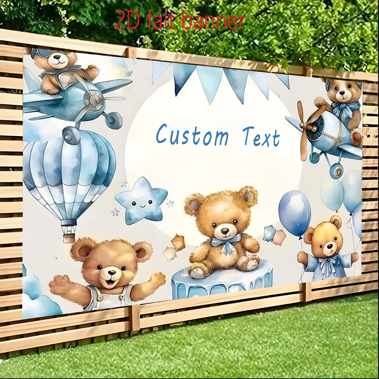 TEMU 2d Flat, 2d Flat - 2d Flat, 2d Flat - 2d Flat, 1pc Custom Cartoon Blue Bear And Balloon Vinyl Photography Backdrop For Birthday Theme Photo