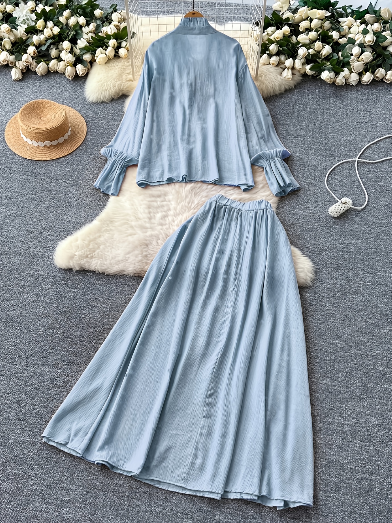 womens elegant long sleeve blouse skirt set light loose fit - Temu Oman