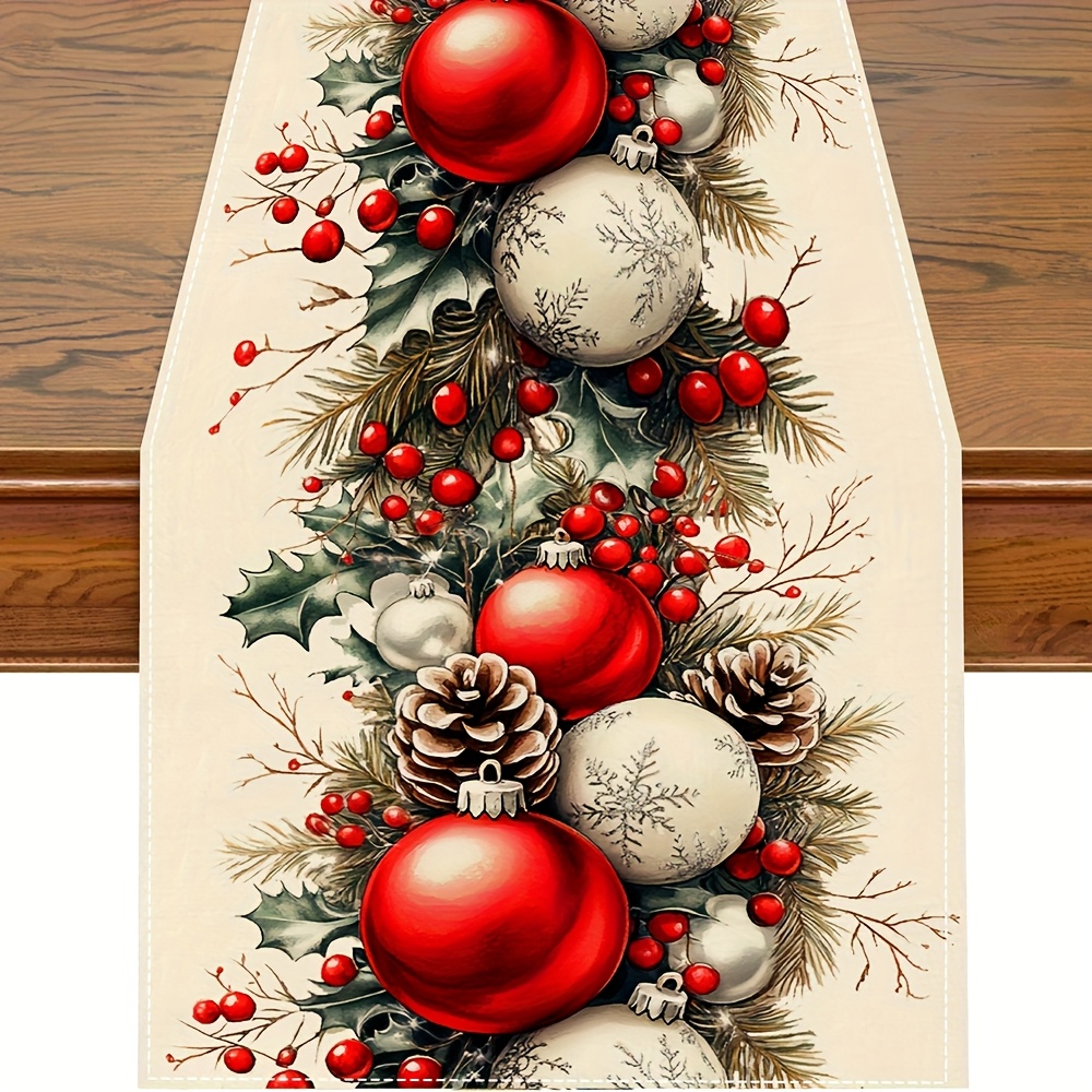 TEMU 1pc, Merry Christmas Table Runner, Christmas Ball Pattern Table Cover, Christmas Table Runner, Holiday Desktop Decoration Fabric Table Runner,