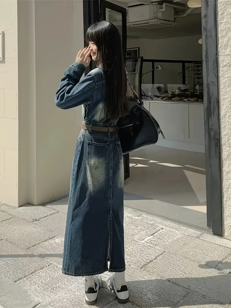 denim dress korean fashion DAZY Girls' Casual Turndown Collar Washed Korean Style Versatile Solid Color Denim Dress