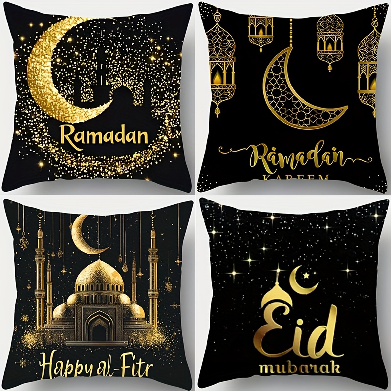 Image of 4pcs, Ramadan Pillowcase, Background, Lantern, Star, Moon Design, 17.72 Inches X 17.72 Inches, Suitable For Home Sofa Decoration, For Home Additions, Bedroom Zipper Pillowcase (without Pillow Core)