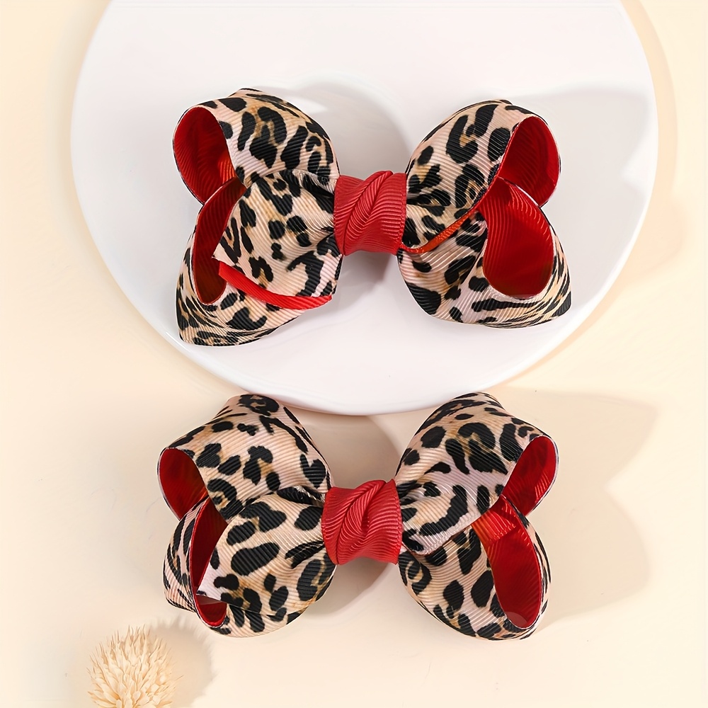 Image of 2pcs Print Bow Hair Clips For Womens Elegant Grosgrain Ribbon Polyester Barrettes Perfect For Autumn Winter Outfits Accessories For Valentine's Day Gifts