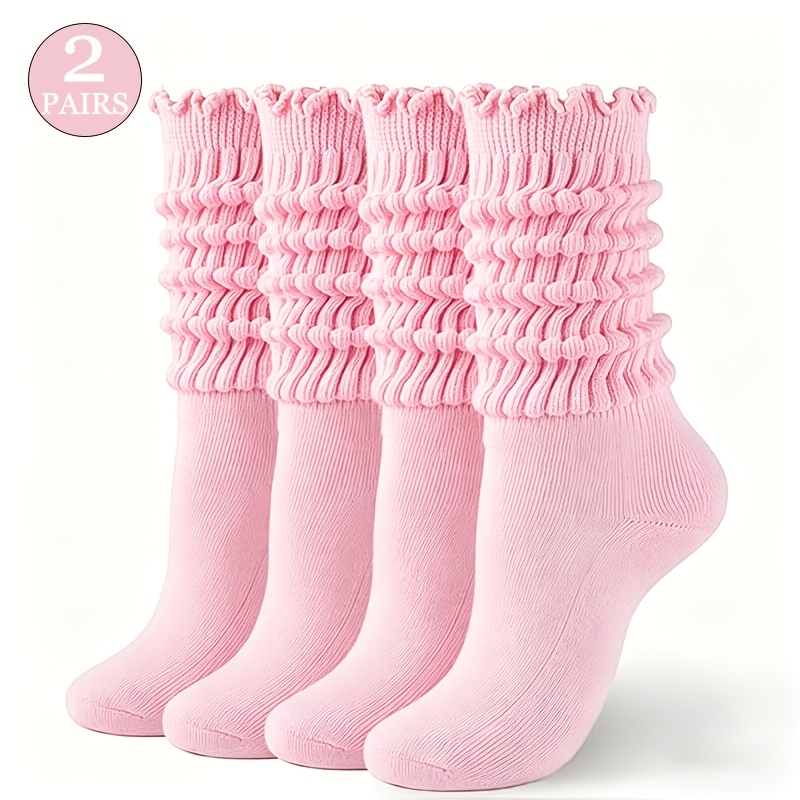 TEMU 2-pair Solid Color Loose Ruffle Trim Sweet Cute Everyday Versatile Socks Calf Socks