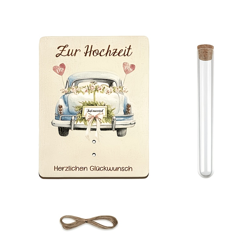 Vintage Wedding Car Themed Wooden Wedding Gift, Includes Test Tube And Hemp Rope. 10*13cm, German "frohes Neues Ehepaar" Decorative Gift, European-style Wedding Commemorative Gift