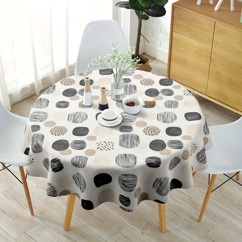 TEMU 1pc Round Polyester Tablecloth - Bohemian Geometric Black And Gray Print, Durable Machine-washable Fabric, Suitable For Indoor & Outdoor Use,