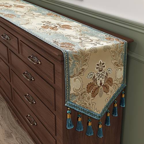 retro table runner for dinnning table vintage flower pattern luxurious beige blue table kitchen decor room decor runner for living room bedroom extra long runner for coffee table fireplace sideboard buffet cabinet
