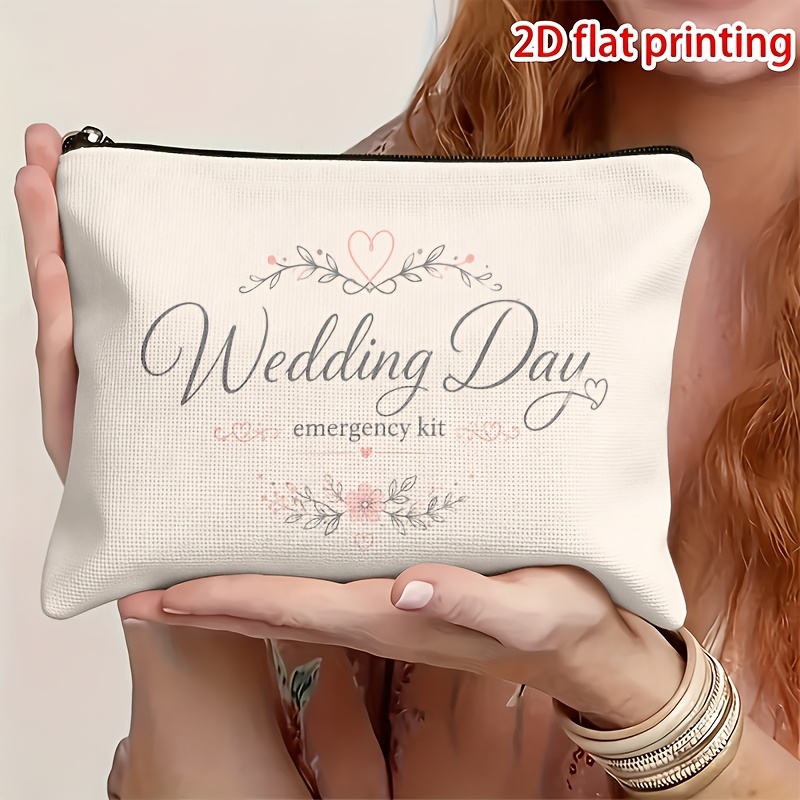 TEMU 1pc 2d Flat Printed Vine Heart-shaped Decorative "wedding Day Emergency Kit" Slogan Double-sided Print Makeup Bag, Multi-functional Cosmetic