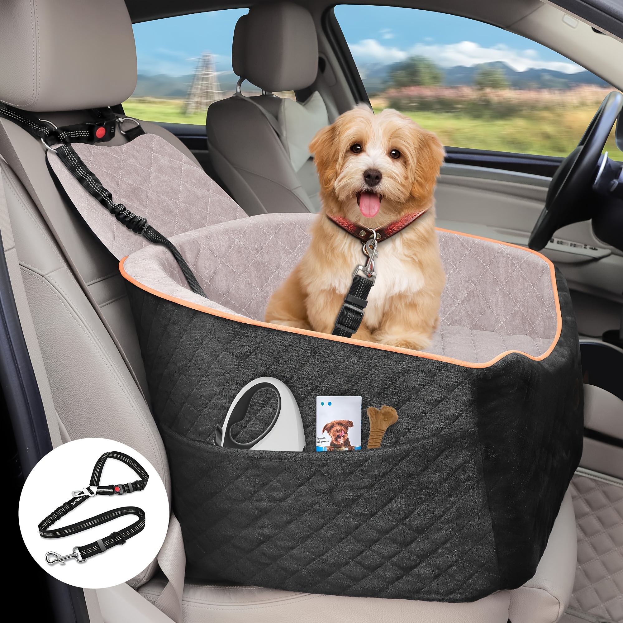 Erhhter Hundesitz Frs Auto - Komfortabler Autositz Fr Kleine & Mittlere  Hunde Bis 16 Kg Mit Memory Foam, Waschbar & Sicherheitsgurten, Schwarz+Grau Hundebett  Auto Schwarz Grau